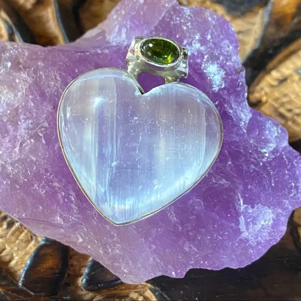 Selenite and Chrome Diopside Solid Sterling Silver Pendant